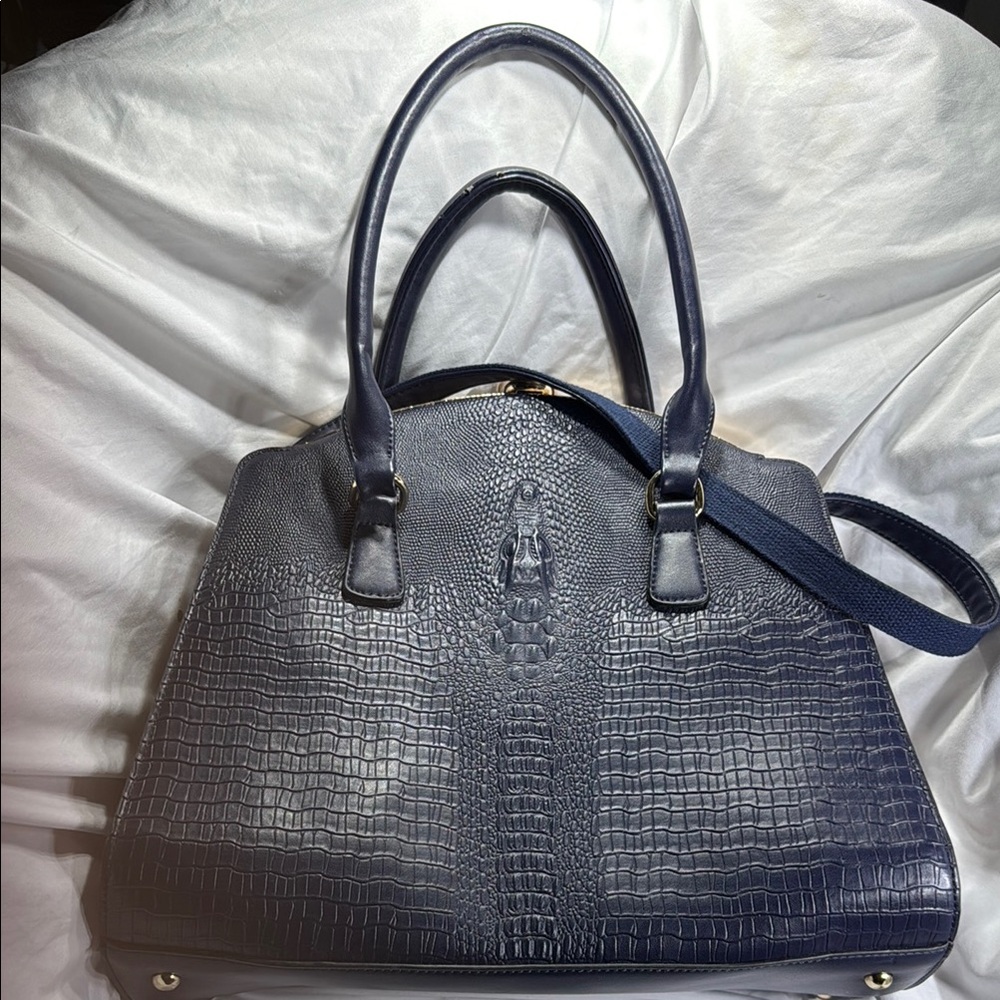 Elegant Navy Blue Crocodile-Embossed Handbag